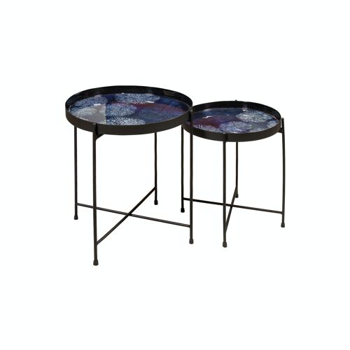 SET DE 2 TABLES D'APPOINT EN METAL NOIR AVEC UN PLATEAU EMAILLE BLEU HT35CM ET HT40CM GELA