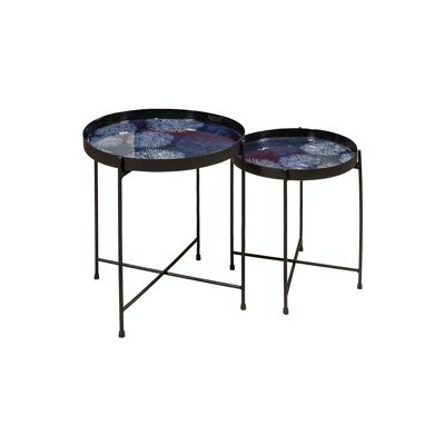 SET OF 2 SIDE TABLES IN BLACK METAL WITH A BLUE ENAMEL TOP HT35CM AND HT40CM GELA