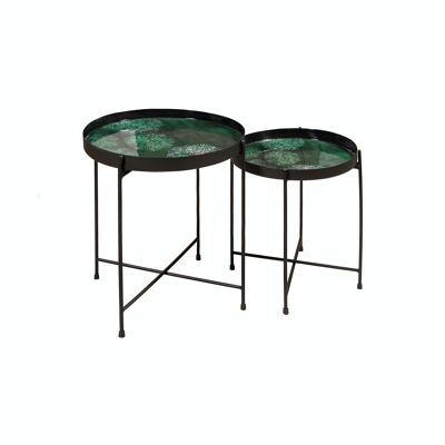 SET OF 2 SIDE TABLES WITH BLACK METAL LEGS AND GREEN ENAMEL TOP HT35 AND HT40CM GELA