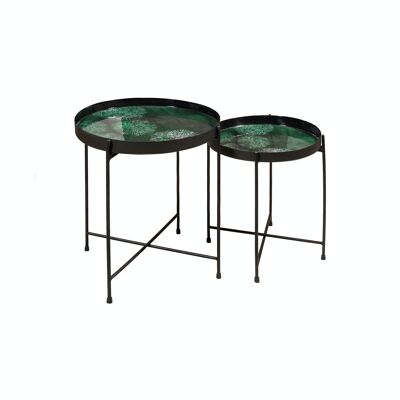 JUEGO DE 2 MESAS AUXILIARES CON PATAS DE METAL NEGRO Y TABLERO DE ESMALTE VERDE HT35 Y HT40CM GELA