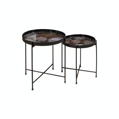 SET 2 SIDE TABLE IN BLACK METAL WITH A BROWN ENAMEL TOP HT35CM AND HT40CM GELA