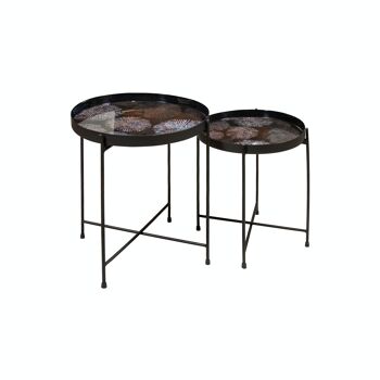 SET 2 TABLE D'APPOINT EN METAL NOIR AVEC UN PLATEAU EMAILLE MARRON HT35CM ET HT40CM GELA 1