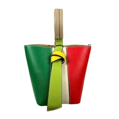 Multicolored Leather Bucket Bag for Women with Bow and Interior Bag