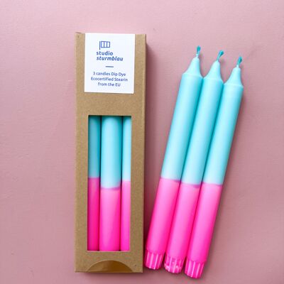 3 large stick candles Dip Dye Stearin in neon pink*turquoise in packaging