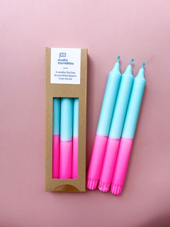 3 grandes bougies bâton Dip Dye Stearin en rose fluo*turquoise dans un emballage 1