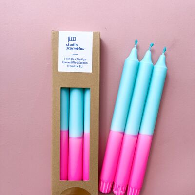 3 grandes bougies bâton Dip Dye Stearin en rose fluo*turquoise dans un emballage