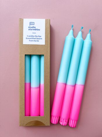 3 grandes bougies bâton Dip Dye Stearin en rose fluo*turquoise dans un emballage 2