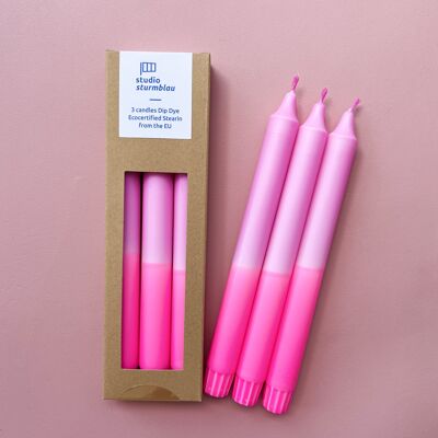 3 große Stabkerzen Dip Dye Stearin in Rosa*Neonpink in Verpackung