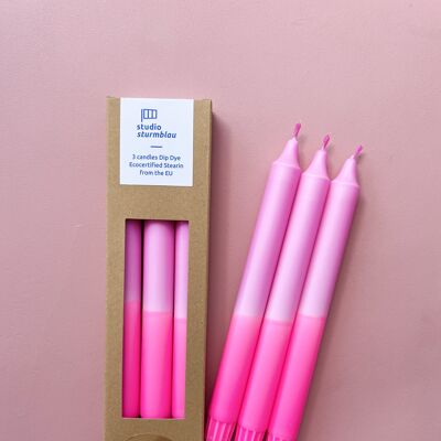 3 große Stabkerzen Dip Dye Stearin in Rosa*Neonpink in Verpackung