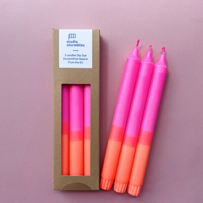 3 grandes bougies bâton Dip Dye Stearin en rose fluo*orange fluo dans l'emballage