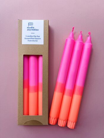 3 grandes bougies bâton Dip Dye Stearin en rose fluo*orange fluo dans l'emballage 2