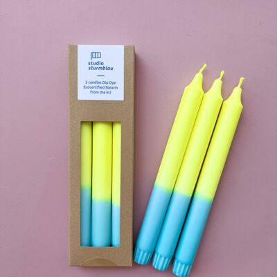 3 grandes bougies bâton Dip Dye Stéarine en jaune fluo*turquoise dans l'emballage