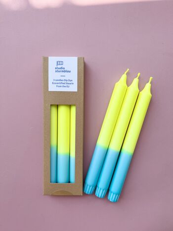 3 grandes bougies bâton Dip Dye Stéarine en jaune fluo*turquoise dans l'emballage 1
