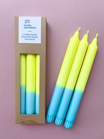 3 grandes bougies bâton Dip Dye Stéarine en jaune fluo*turquoise dans l'emballage 2