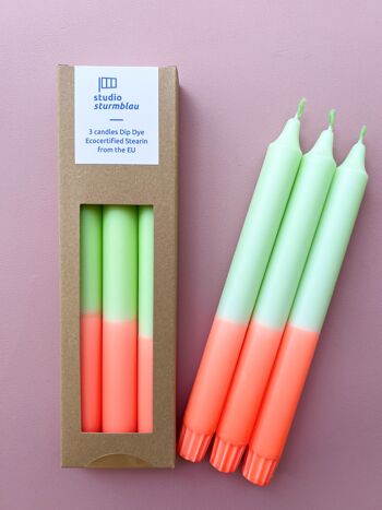 3 grandes bougies en bâton Dip Dye Stearin en vert citron*orange fluo dans un emballage 2