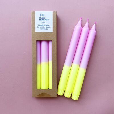3 grandes bougies bâton Dip Dye Stéarine en rose*jaune fluo dans l'emballage