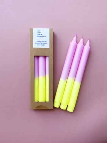 3 grandes bougies bâton Dip Dye Stéarine en rose*jaune fluo dans l'emballage 1