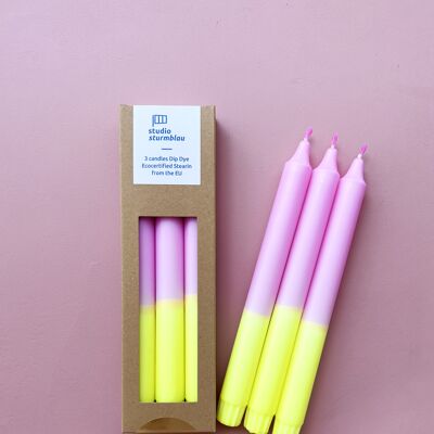 3 grandes bougies bâton Dip Dye Stéarine en rose*jaune fluo dans l'emballage
