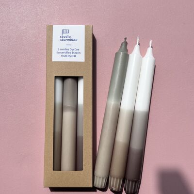 3 large stick candles Dip Dye Stearin KIESEL in packaging