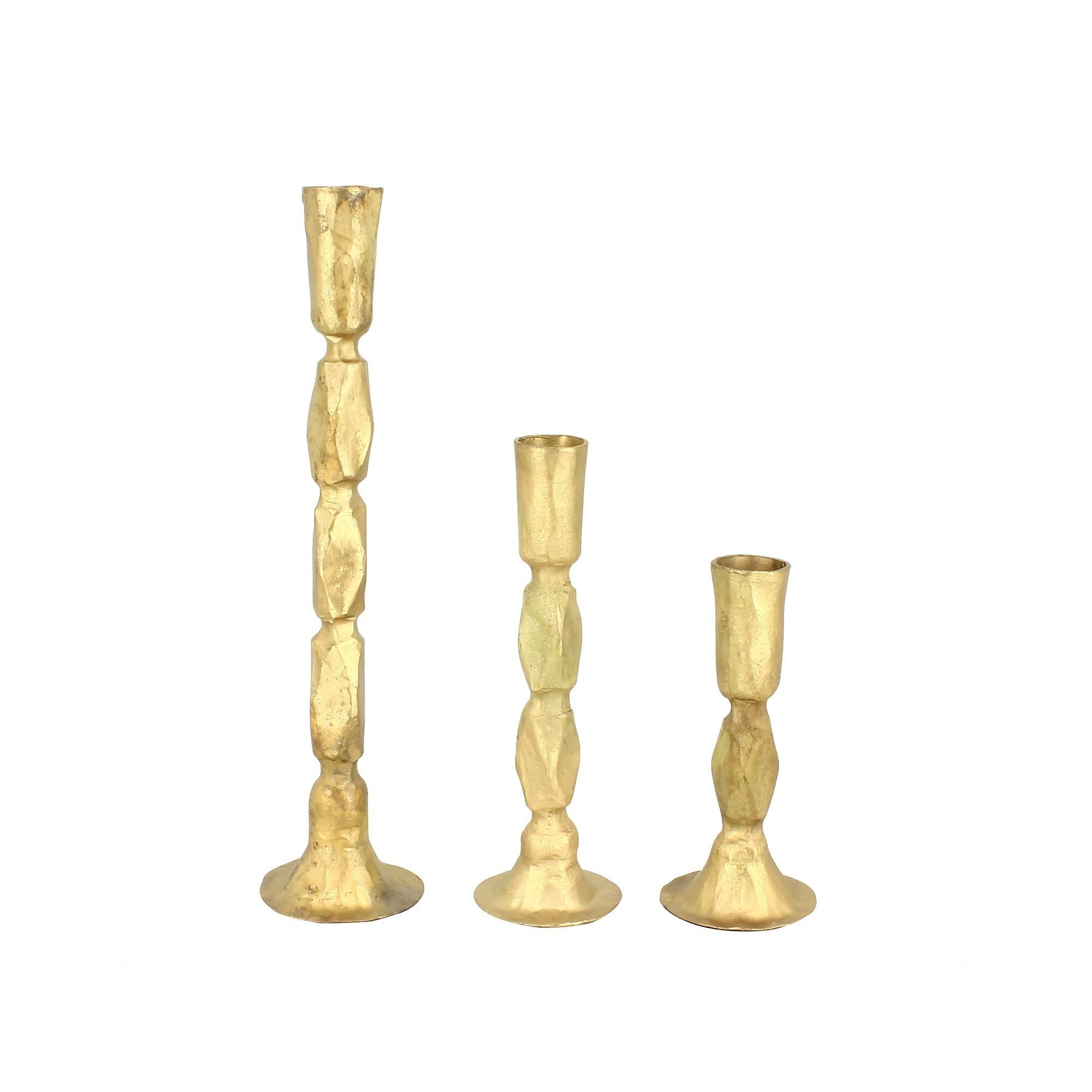 SET MIT 3 KERZENHALTERN AUS GOLDSCHMIEDEEISEN H14/20/28CM JAVA