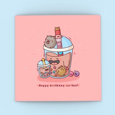 Linda tarjeta de cumpleaños con té de burbujas
