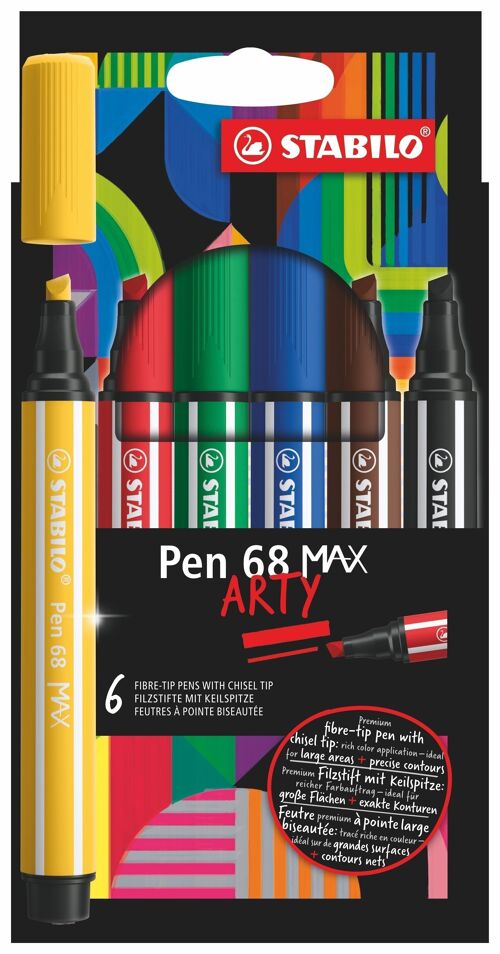 Feutres pointe biseautée - Etui carton x 6 STABILO Pen 68 MAX ARTY - noir + bleu + rouge + vert + jaune + marron