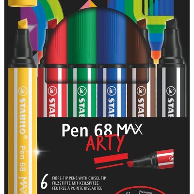 Pennarelli con punta a scalpello - Astuccio in cartone x 6 STABILO Pen 68 MAX ARTY - nero + blu + rosso + verde + giallo + marrone