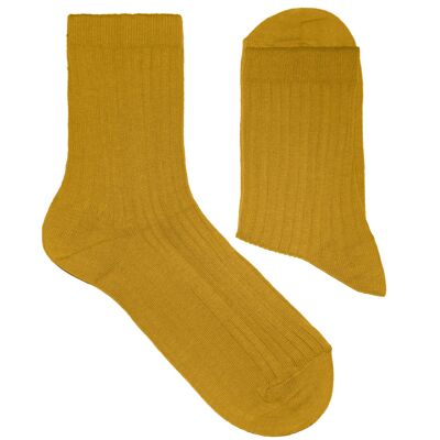 Gerippte Socken für Damen >>Senf<< Einfarbige Baumwollsocken