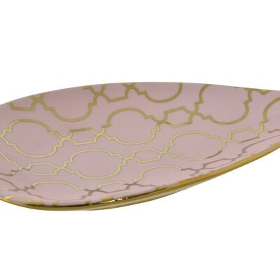 CENTRE DE TABLE PORCELAINE 27.5X16X3 FEUILLE CHROME ROSE LD194618