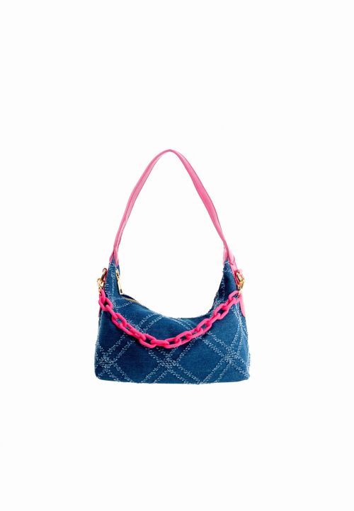 Slouchy Quilted Denim Chain Shoulder Bag in Blue and Pink