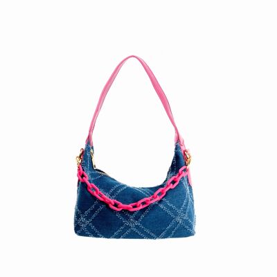 Slouchy Quilted Denim Chain Shoulder Bag in Blue and Pink