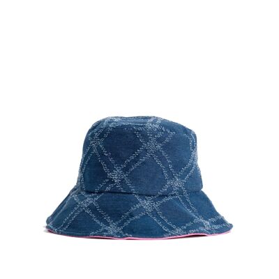 Quilted Denim Bucket Hat in Blue and Pink