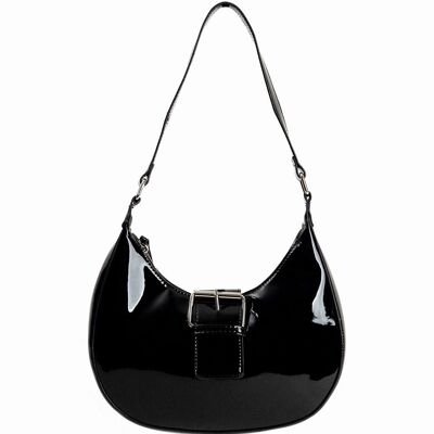 Curved Buckle Shoulder Bag In Patent Black