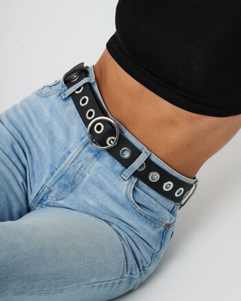 Ceinture à œillets à boucle circulaire en noir et argent 2