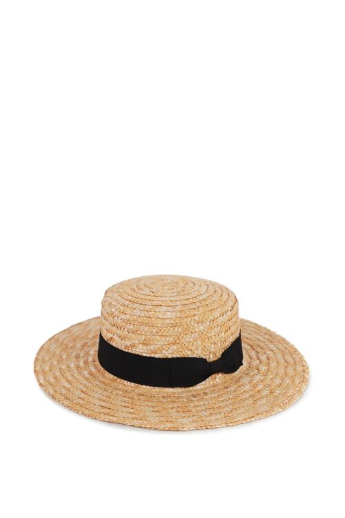 Boater Straw Hat With Grosgrain Bow Trim