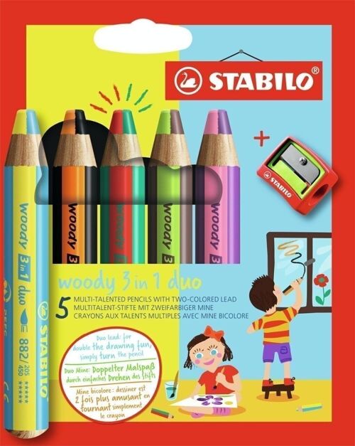 Crayons multi-talents - Etui carton x 5 STABILO woody 3 in 1 duo + 1 taille-crayon