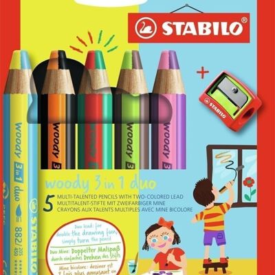 Multi-talented pencils - Cardboard case x 5 STABILO woody 3 in 1 duo + 1 pencil sharpener