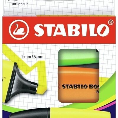 Textmarker – Kartonetui x 3 STABILO BOSS MINI – Gelb + Orange + Grün