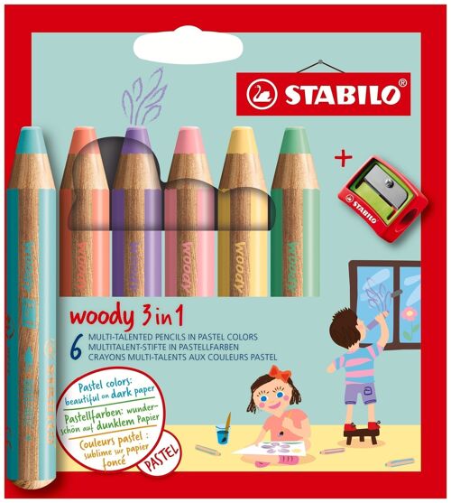 Crayons multi-talents - Etui carton x 6 STABILO woody 3 in 1 + 1 taille-crayons - coloris pastel