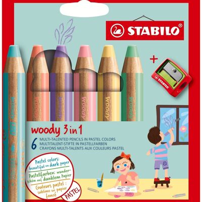 Crayons multi-talents - Etui carton x 6 STABILO woody 3 in 1 + 1 taille-crayons - coloris pastel