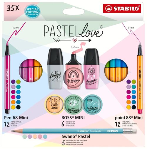 Coffret STABILO Pastellove x 35 pièces : 12 Pen 68 Mini + 12 point 88 Mini + 6 BOSS MINI Pastellove 2.0 + 5 Swano pastel