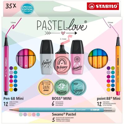 Scatola STABILO Pastellove x 35 pezzi: 12 Pen 68 Mini + 12 punti 88 Mini + 6 BOSS MINI Pastellove 2.0 + 5 Swano pastel