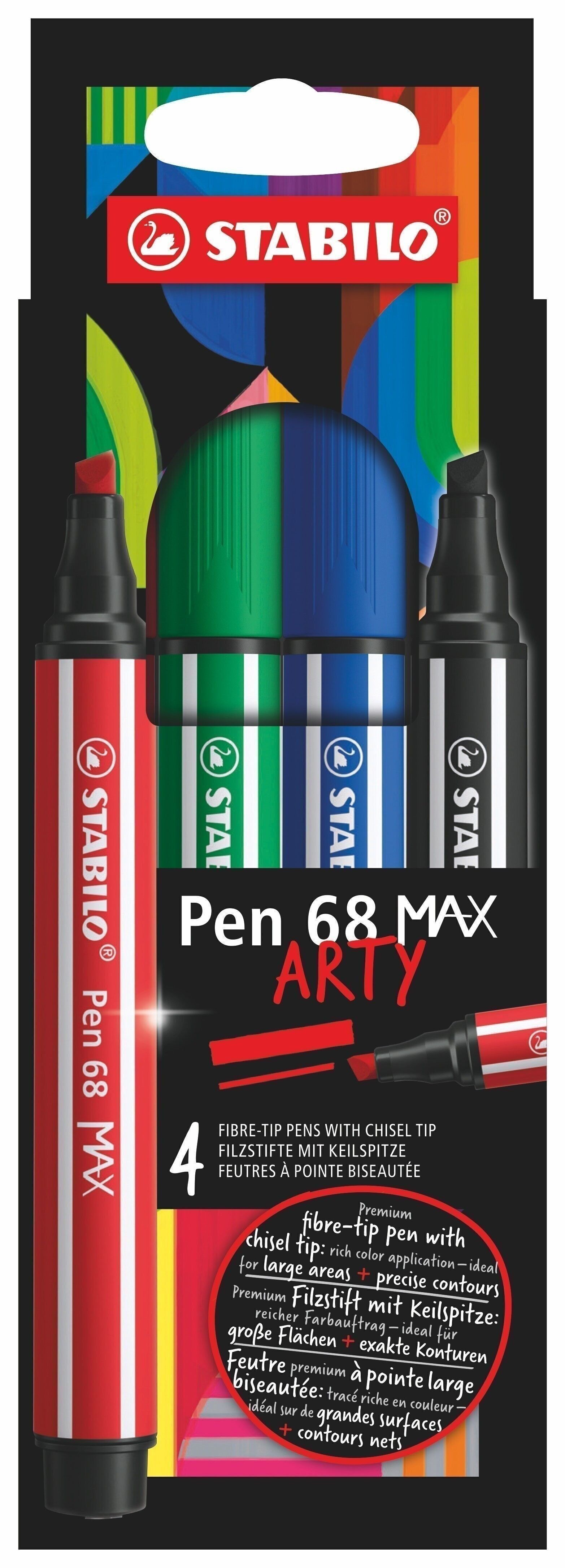 Kartonetui x 4 STABILO Pen 68 MAX ARTY Filzstifte mit breiter abgeschrägter Spitze - schwarz + blau + rot + grün