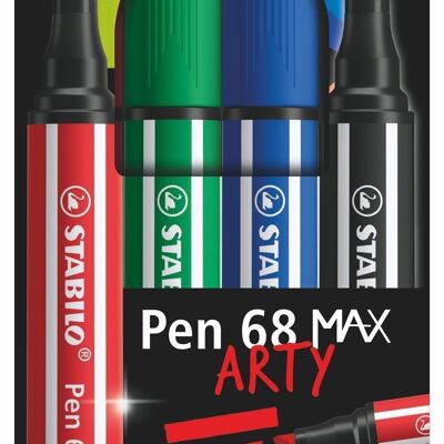 Feutres pointe biseautée - Etui carton x 4 STABILO Pen 68 MAX ARTY - noir + bleu + rouge + vert