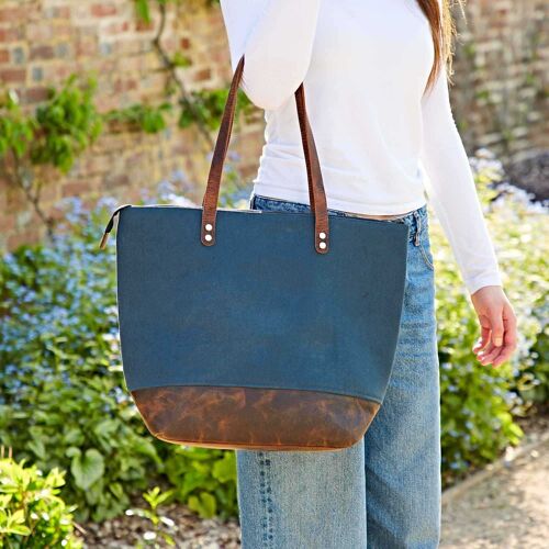 Buffalo Leather And Blue Canvas Tote Bag