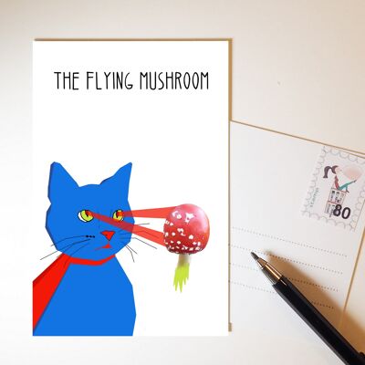 Postkarte Katze mit Fliegenpilz