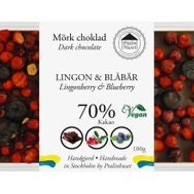 Chocolate negro vegano al 70 % - Arándanos rojos y azules (100 g)