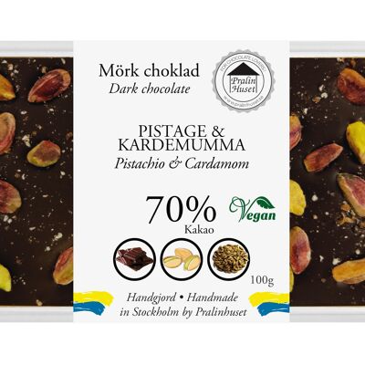 Chocolat noir 70 % végétalien - Pistache et cardamome (100 g)