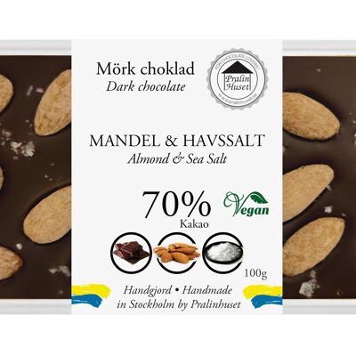 Chocolat noir végétalien 70 % - Amandes et sel de mer (100 g)