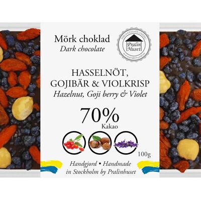 70 % dunkle Schokolade – Haselnuss, Gojibeere und Veilchencrisp